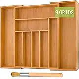 TWBEST Caja de cubiertos de bambú,Organizador de Cubiertos de Madera+1 cepillo de limpieza,Bandeja para cubiertos con 7 a 9 Compartimentos,Cubertero,32-52 * 41 * 5cm
