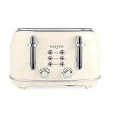 Salter Retro Tostadora de 4 Rebanadas – Ranuras Anchas, 6 Niveles, Descongelar, Recalentar, Cancelar, Bandeja removible para Migas, Expulsión Elevada, Auto-Centrado, 1630W, Crema, EK5739CRMVDE