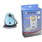 Nilfisk Aspirador de Trineo básico One, pequeño, Filtro EPA o HEPA, 3 L de Capacidad, Azul Claro & 128389187 Bolsas Aspirador, Teflón, Blanco