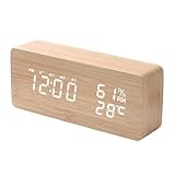 VORRINC Despertador digital inalámbrico con 3 despertadores independientes y función de repetición, despertador de madera con fecha, temperatura, radio despertador digital con fuente de alimentación,
