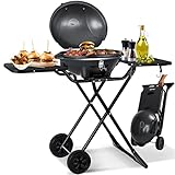 KESSER® Barbacoa eléctrica 2 en 1 – Parrilla eléctrica de pie con tapa y soporte, máx. 2400 W, plegable, termómetro, revestimiento antiadherente, 2 ruedas, color negro