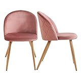 FurnitureR Juego de 2 sillas de comedor tapizadas de terciopelo, sillas auxiliares de ocio, asiento acolchado de terciopelo y patas de metal de roble para sala de estar, rosa