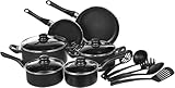Herzberg HG04241, Batería de Cocina Antiadherente de 13 Piezas, Negro, Acero al Carbono Duradero, Tapas de Vidrio Templado, Compatible con Todas las Fuentes de Calor, Lavable en Lavavajillas