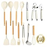 CAROTE Utensilios de Cocina de Silicona 16 Piezas, juego Utensilios de Cocina Resistencia al Calor y Antiadherente con Mango de Madera para Utensilios Accesorios Cocina, sin BPA