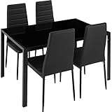 tectake® conjunto mesa y sillas de comedor, mesa con tablero cristal seguridad y 4 sillas cocina tapizadas cuero sintético, estructura acero, sillas comedor, set muebles de cocina - Negro