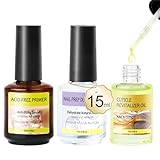 AISEELY 3x15 ML Deshidratador para Uñas y Primer Uñas Semipermanente y Aceite Cuticulas Uñas, Mejorar la Adhesión del Gel, Deshidratador Nail Prep y Acid Free Primer, Kit de Preparación de Uñas