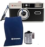 AgfaPhoto Cámara analógica de 35 mm para Fotos pequeñas, Color Negro, con película en Blanco y Negro para hasta 36 imágenes, batería, Correa de Transporte y Funda.