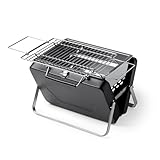 Barbacoa portátil para carbón realizada en acero inoxidable. Grill de diseño plegable en formato maletín con parrilla abatible para ahumar y acampar al aire libre