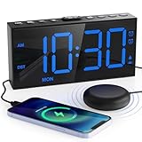 Mesqool Reloj Despertador con Vibración Fuerte & Vibrador para Dormir Profundo, Brillo & Volumen Ajustables, Cargador USB, Snooze, 2 Alarmas, Modo Día Laborable/Fin de Semana, 12/24H, DST(Azul)