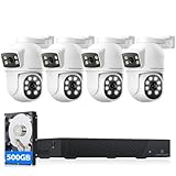 CAMCAMP 4MP Kit Camaras de Vigilancia Exterior PoE, 8 Canales H.265+ NVR,500GB HDD,4X 2K Kit Cámaras IP de Videovigilancia Doble Lente Vista,Grabación 24/7,Alerta de Correo Electrónico,Visión Nocturna