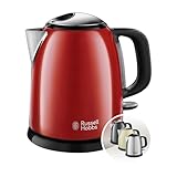 Russell Hobbs Hervidor de Agua Eléctrico Colours Plus - 1 litro, Hervidor Pequeño, 2400 W, Filtro Extraíble, Zona de Ebullición Rápida, Base de 360°, Indicador Nivel de Agua, Inox., Rojo - 24992-70