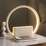 blonbar Lámpara de mesilla de noche con despertador iluminado, luz para despertarse, cargador inalámbrico de 10 vatios,3 niveles de brillo atenuación táctil, música, ayuda para dormir en el dormitorio