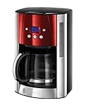 Russell Hobbs Cafetera de Goteo Luna Red - 12 Tazas, Jarra Cristal 1,8L, Programable, Soporte de Filtro Lavable, Tecnología de Rociado Avanzada, Acero Inoxidable, Plata y Rojo - 23240-56