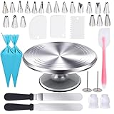 Uten Plato de Pastel Giratorio Redondo Antideslizante, 33 Kit Equipo de Decoración de Pasteles ，20 PCS Boquillas, 2 Manga, 3 Espátulas,1 Piezas 12 Inch Aluminio Tartas Placa