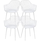 buybyroom Sillas de Comedor, Sillas de Cocina Pack 4 con Reposabrazos, Patas de Metal, Respaldo Ergonómico, Asiento Ancho, para Comedor, salón, Capacidad de Carga 120 kg, Blanca