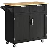 HOMCOM Isla de Cocina con Ruedas Carrito de Cocina Mueble Auxiliar de Cocina con 2 Puertas 2 Cajón Toallero y Estante Ajustable para Comedor Salón 104x46x91 cm Negro
