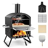 GOPLUS Horno de Pizza al Aire Libre con 31cm de Piedra, Calentador de Pizza con 2 Niveles y Patas Plegables, Horno de Pizza de Acero Inoxidable para Barbacoa, Horno de Leña Carbón Hasta 605ºC