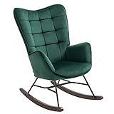 MEUBLE COSY Silla Mecedora con reposabrazos y Asiento Acolchado para salón, Dormitorio, Estructura de Metal y Base de Madera, Terciopelo, Color Verde, 66x84x97 cm