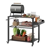 Outsunny Carrito de Parrilla de 3 Niveles Carrito de Barbacoa Carrito de Servicio con 4 Ruedas Estantes y Asa Mesa de Horno de Pizza para Jardín Patio Negro