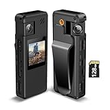 Hoestr A32 128GB Cámara Corporal, Cámara Corporal Portátil con Lente Giratoria 180° y Detección de Movimiento, Videocámara 1080P con Grabación de Audio y Vídeo para Deportes Policía Entrega Ciclismo