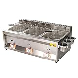Freidora Gas Comercial Freidora Aceite de Acero Inoxidable con 3 Cesta para Patatas Fritas Volumen de 30 L Calentamiento Rápido Temperatura Ajustable para Cocina, Restaurante, Snack bar