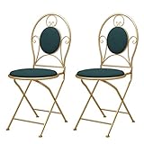 QIFFIY Sillas de comedor, 2 piezas nórdicas creativas plegables de franela de hierro forjado dorado Silla redonda de café Sillón de tocador, sillas de cocina (color: verde oscuro)
