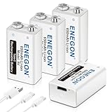 ENEGON 9V USB Directa Recargable Batería 650mAh Lito-Ion con Cable USB Type-C 2 en 1 para Micrófonos, Alarma de Humos, Juguetes electrónicos, Walkie Talkie y Más aparatos (4 Baterías)