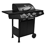 Amig - Barbacoa de gas Fireplus 3+1 de 8,4 kW | Acero inoxidable Negro | Parrilla con ruedas Modelo GRILL-3F | Barbacoa XXL con carro y termómetro | 117x52x103 cm | 4 quemadores y Bandeja lateral