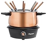 Bestron Fondue, Fondue electrica para hasta 8 personas, con 8 tenedores de fondue y termostato continuo, incl. protector contra salpicaduras, color: cobre