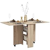 HOMCOM Mesa Plegable de Comedor Mesa de Cocina Plegable con Ruedas Alas Abatibles y Estantes Mesa Plegable para 4-6 Personas 75x140x74 cm Natural