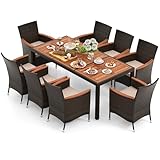 GIANTEX Conjunto de Muebles de Ratán para Jardín, Mesa y Sillas de Comedor de Ratán, Juego de Muebles 9 Piezas, 8 Sillas y 1 Mesa de Acacia para Jardín, Terraza, Patio