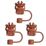 3 tapas de silicona de dibujos animados de Navidad para pajitas, tapas reutilizables para pajita, tapones reutilizables para lavavajillas, con forma de vaca, portátiles, antisalpicaduras