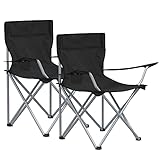 SONGMICS Sillas de Camping, Juego de 2 Sillas de Exterior, Apoyabrazos, Bolsillo para Tazas, Portátil, Plegable, Carga de 120 kg, para Acampada, Jardín, Pesca, Playa, Terraza, Negro GCB01BK