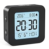 LATEC Reloj Despertador, Reloj Despertador Digital Pilas con Temperatura, Retroiluminación, 3 Volúmenes, 12/24H, Calendario, Snooze para Viajes y Dormitorio (Baterías Incluidas) (Negro)