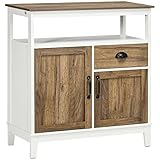 HOMCOM Aparador de Salón Armario Almacenaje de Madera con 2 Puertas Cajón y Estante Ajustable para Comedor Cocina Dormitorio 76,6x35x81,5 cm Blanco y Marrón