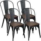 Juego de 4 sillas de Comedor de Metal, con Respaldo y Asiento de Madera, Silla de Cocina apilable Vintage Industrial de Metal con Respaldo Alto para, Restaurante de Boda, café y Patio (negro)