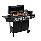 Amig - Barbacoa de gas Fireplus 6+1 de 12,9 kW - Acero inoxidable Negro - Parrilla con ruedas Modelo GRILL-6F - Barbacoa XXL con carro y termómetro - 138x52x103 cm - 7 quemadores y Bandeja lateral
