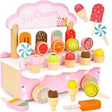 Juguete de Helado, Carrito Helados de Madera, Tienda de Helados con Almacenaje, Juguete de Madera Accesorios de Cocina, Juguete Montessori Aprendizaje Temprano para Niñas Niños 3 4 5 6 años