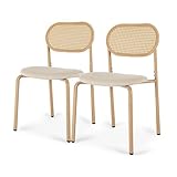 Juego de 2 sillas de comedor, sillas acolchadas con respaldo de ratán, silla de salón con marco de metal, soporta hasta 150 kg, silla de ratán rústica, para salón comedor (color madera original, 47 x