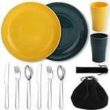 Evanda Juego de Cubiertos de Camping de 10 Piezas, Taza Reutilizable de Peso Ligero, Plato y Juego de Cubiertos de Acero Inoxidable con Bolsa Negra, para Camping 2 Personas, Apto para lavavajillas