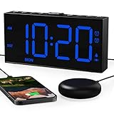 Despertador Potente y Sonido Fuerte para Sordos&Duermen Profundamente, Reloj Despertador Digital,Pantalla Grande de 7 '' y Atenuador, Alarma Doble, Cargador USB, Horario de Verano de 12/24