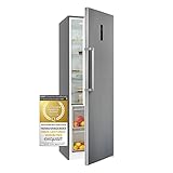 Exquisit® Frigorífico Vertical, 359L, Clase E, Material Acero Inox, 1 Puerta, Estantes de Cristal, 2 Cajones Verduleros, Control de Humedad, Luz LED, Consumo 118 kWh/año, Medidas 185,5x60x66 Cm.