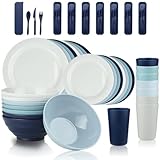 BEWOS 40 paquetes Vajilla de plástico irrompible, Vajilla de camping reutilizable para 8 personas, Platos, tazas, cuencos y cubiertos irrompibles, Apta para lavavajillas y microondas