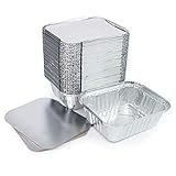 Lote de 100 bandejas de aluminio desechables con tapa para transportar alimentos, congelar, cocinar (500 ml)