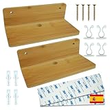 Agalet®️ 2 Baldas de Pared Sin Agujeros de Madera Bambu + 2 Adhesivos + 4 Tornillos con Tacos + 4 Clips Recoge Cables | Estanteria Adhesiva Sin Taladro y con Taladro | Estanterias Pared Sin Agujeros