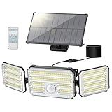 Luz Solar Exterior con Sensor de Movimiento, Focos LED Exterior Solares con Función de Alarma, 4 Modos IP67 Impermeable Foco Solar Exterior con Control Remoto, Lampara Solar Exterior para Jardín