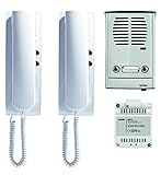 Vimar 885E Kit portero para instalación bifamiliar 4+2 conductores, incluye placa de superficie con 2 pulsadores, unidad electrónica, 2 porteros, transformador