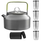 GOMETY Hervidor de agua para camping, 2-3 personas, cafetera y hervidor de agua, set de vajilla para exteriores, tetera de 0,8 l con 4 vasos de acero inoxidable, fácil de plegar, duradera de aluminio,