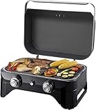 Campingaz Attitude 2100 LX barbacoa de mesa portátil a gas, 5 kW de potencia, barbacoa de gas para camping con tapa, termómetro, parrilla de hierro fundido y plancha