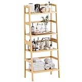 HITNET Estantería de Escalera, Librería de 4 Niveles, Estantería de Almacenaje de Pie, Estante de baño de bambú, para Salón, Dormitorio, Cocina, Oficina en Casa, Natural